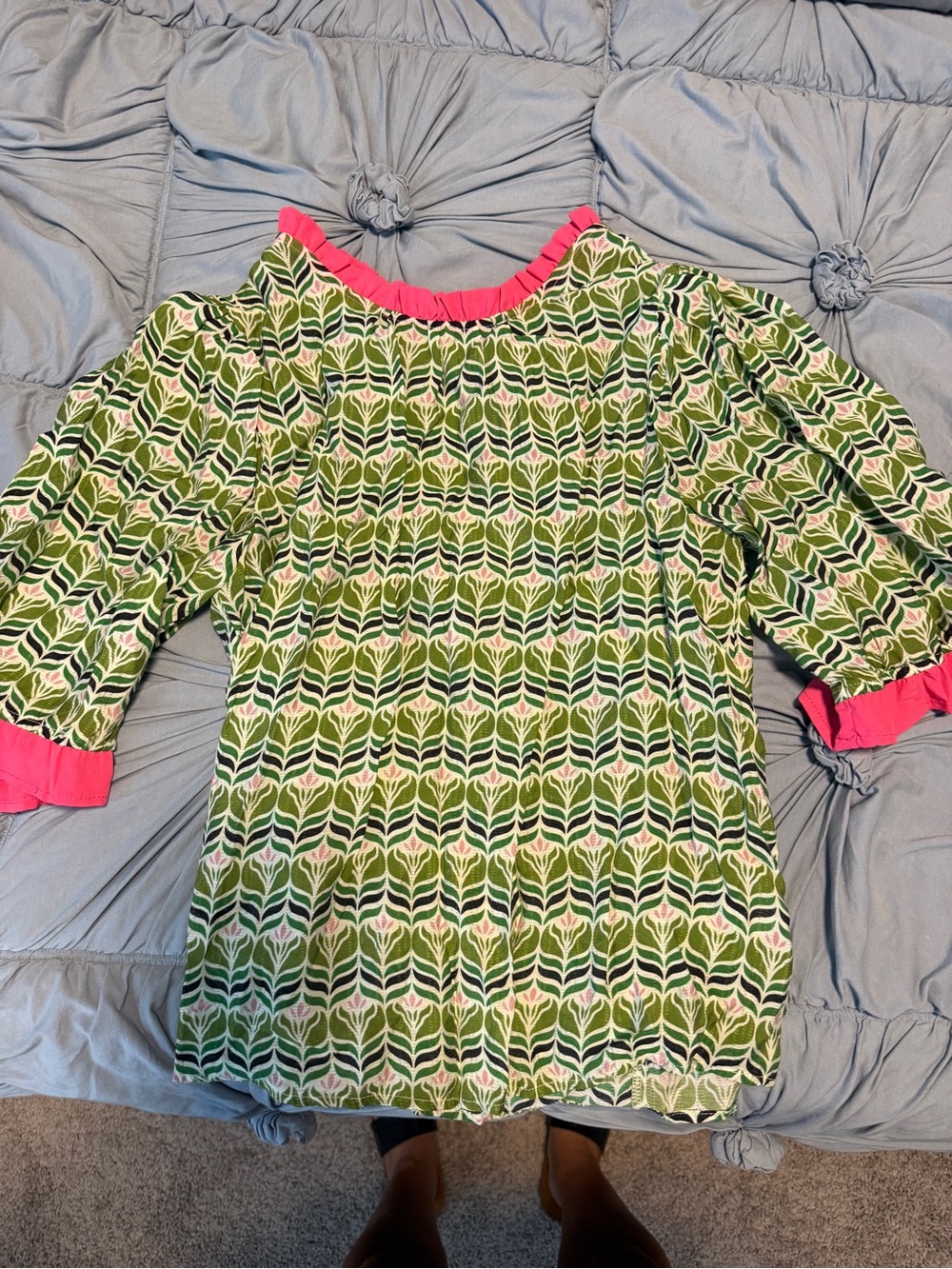Green Leaf-Print Blouse with Pink Trim